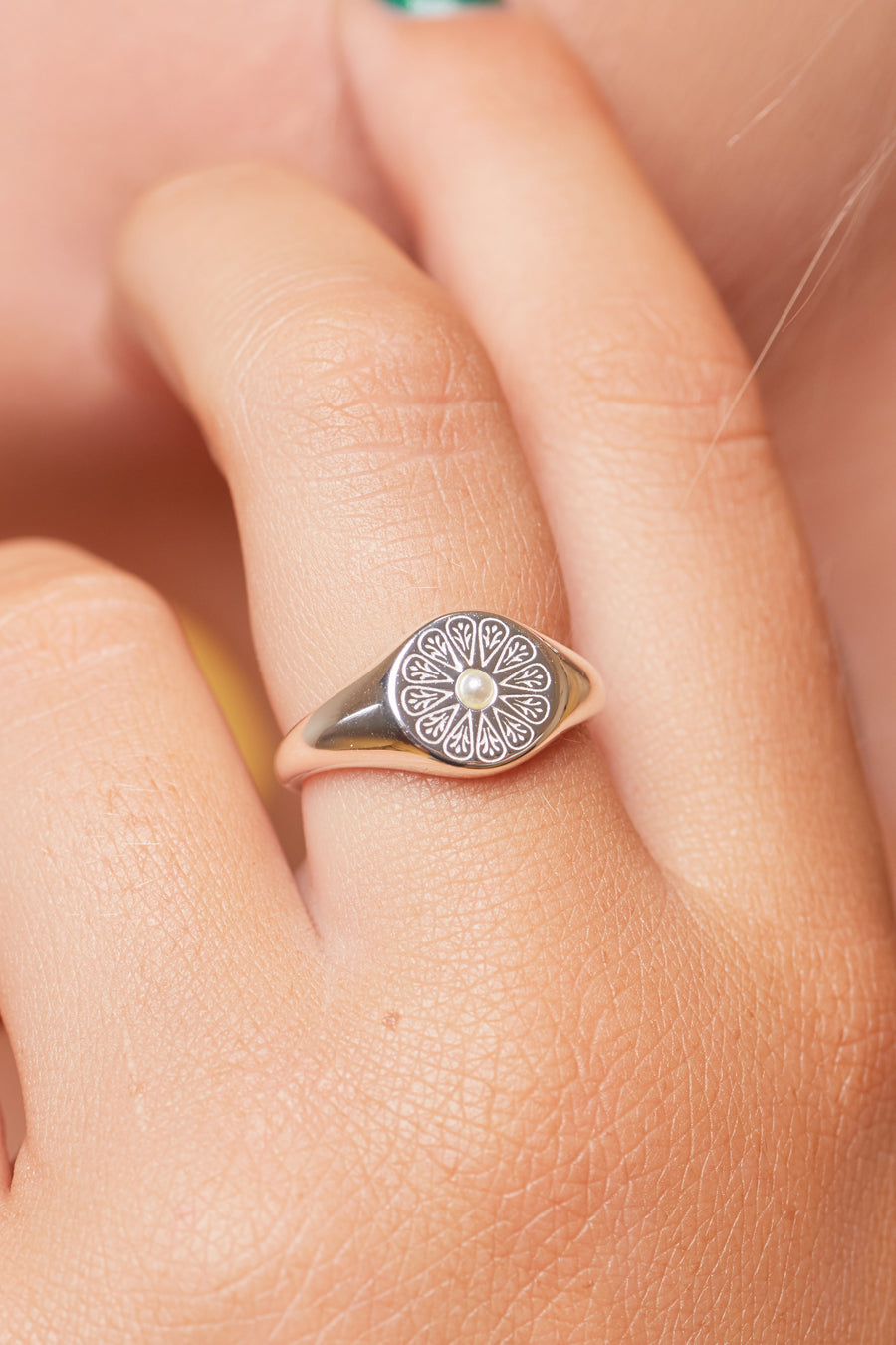 Silver Sapphire Birthstone Signet Birthstone Ring on hand