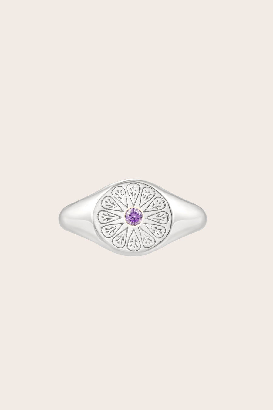 Silver Amethyst Birthstone Signet Ring on cream background