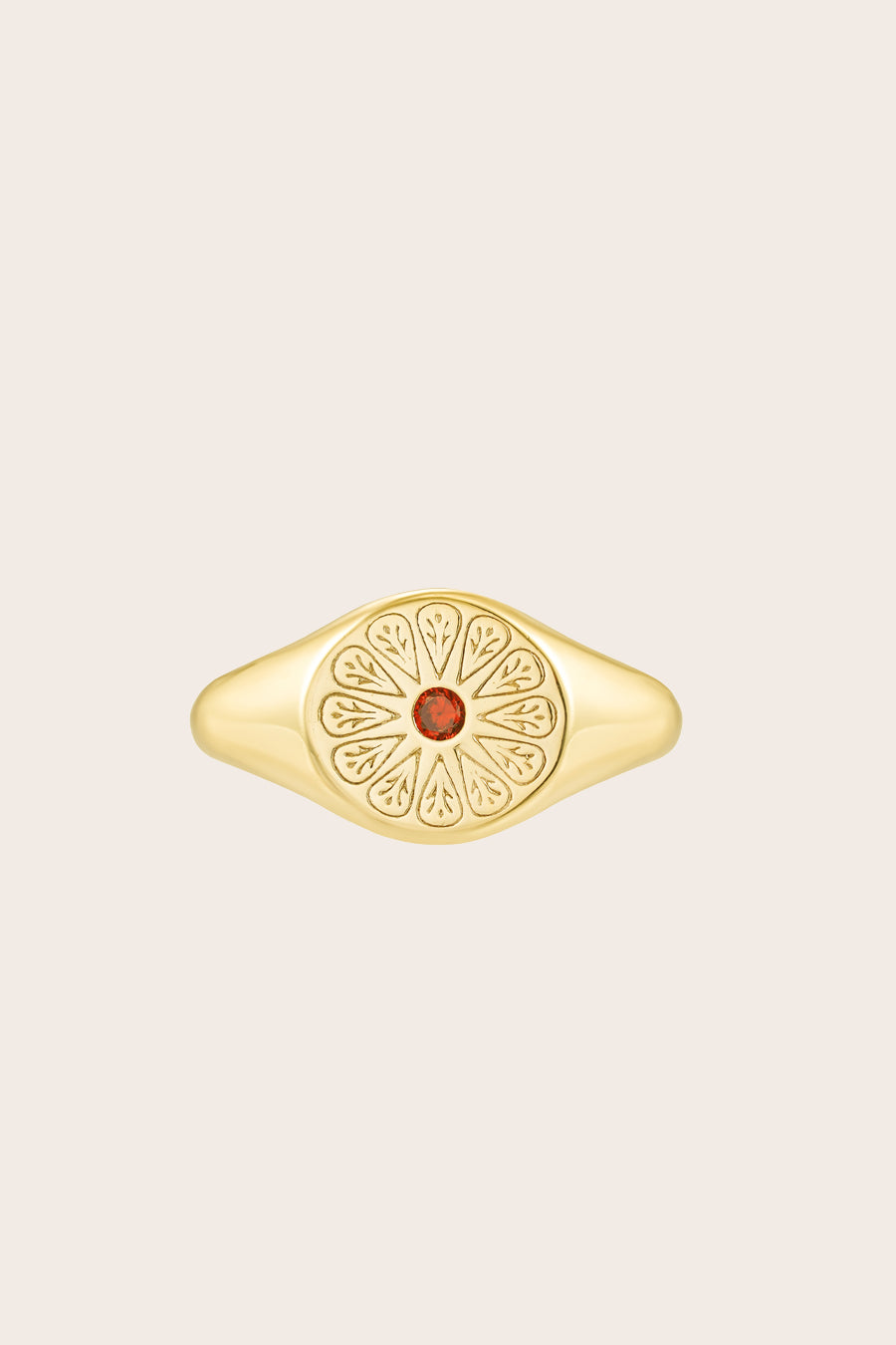 Gold January Garnet Birthstone Ring on cream