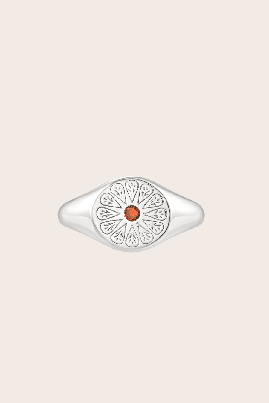 Silver January Garnet Signet Birthstone Ring on cream background