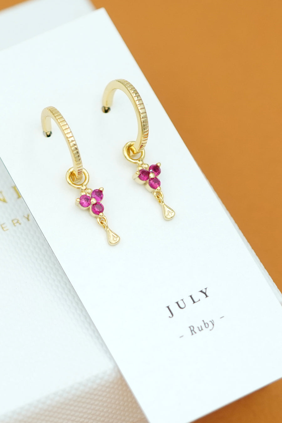 Gold Birthstone Hoops - July/Ruby