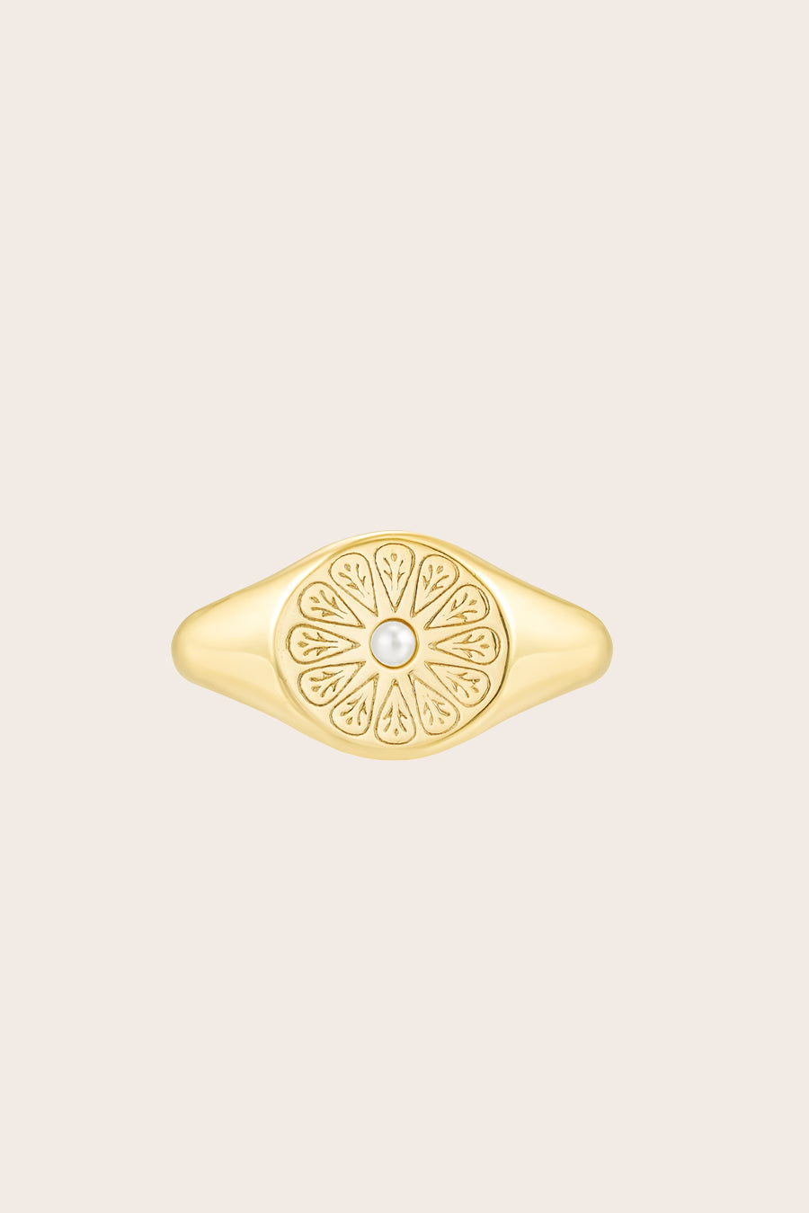 Gold June Pearl Signet Birthstone ring on cream