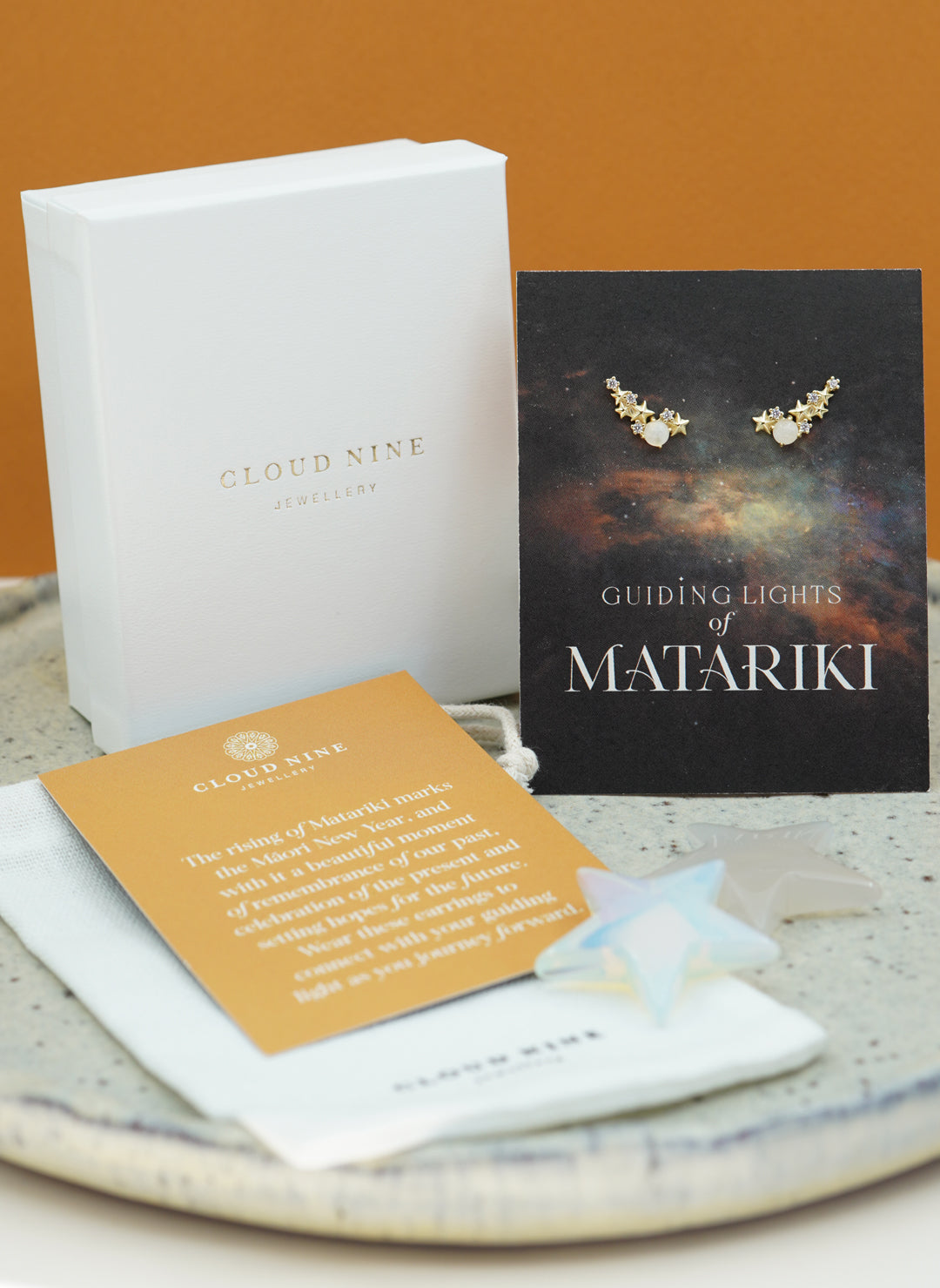 Gold Matariki Earrings jewellery packaging boxes and insert