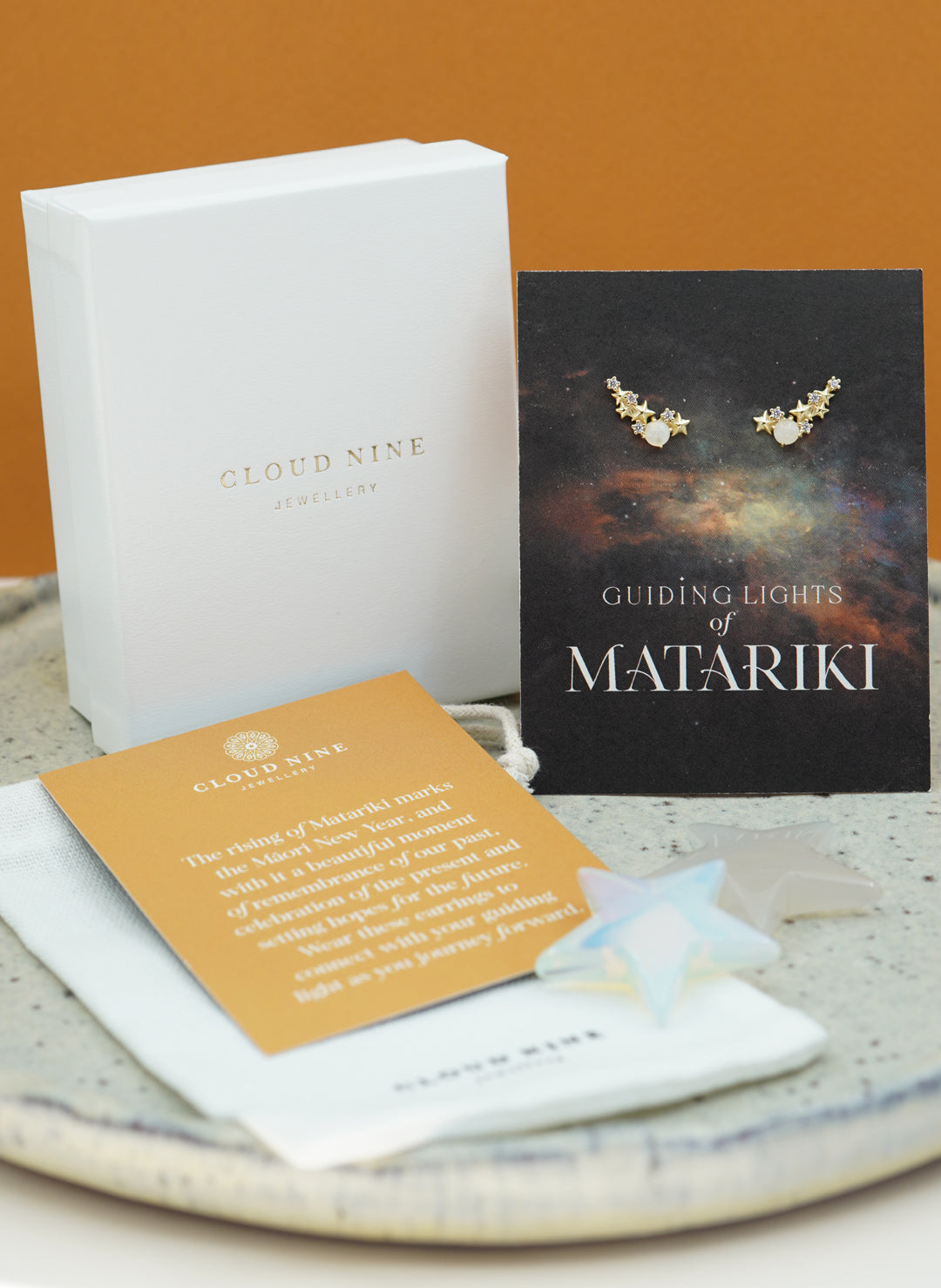Silver Matariki Earrings Jewellery and packaging boxes and insert