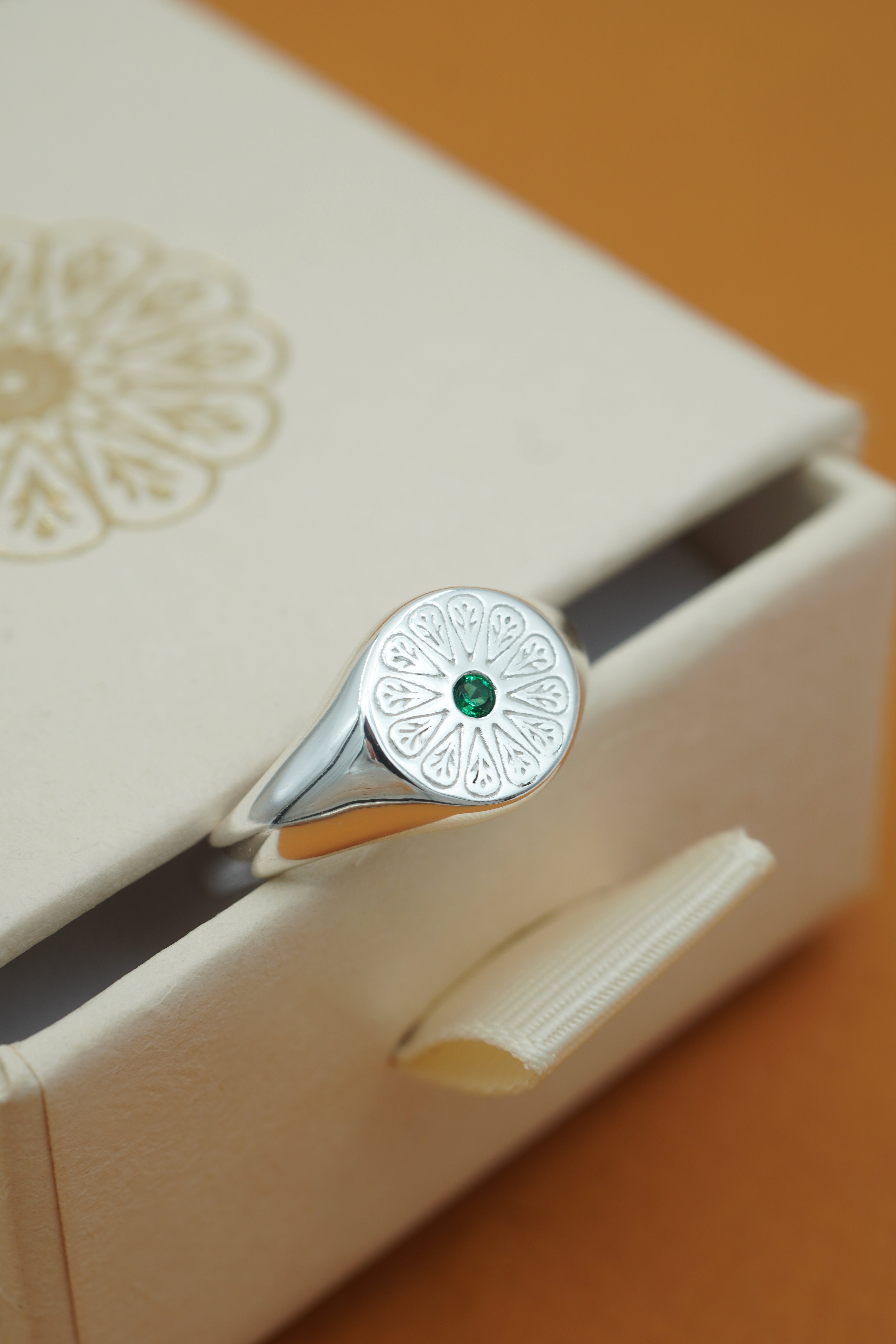 Silver May Emerald Signet Birthstone Ring in ring box