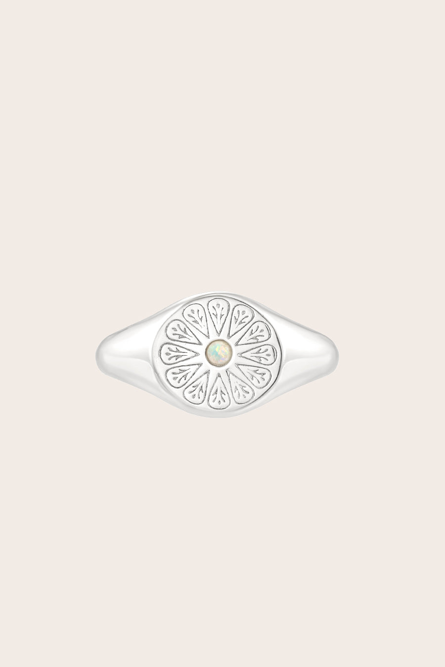 Silver Opal Birthstone Signet Ring on cream background