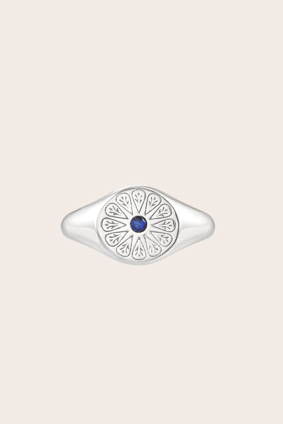 Silver Sapphire Birthstone Signet Birthstone Ring on cream background
